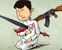 کاریکاتور,دانلود کاریکاتور,عکس کاریکاتور,قلب,خنجر,مسلمانان,قلب,کلاشنیکف,تروریسم,توهین به پیامبر