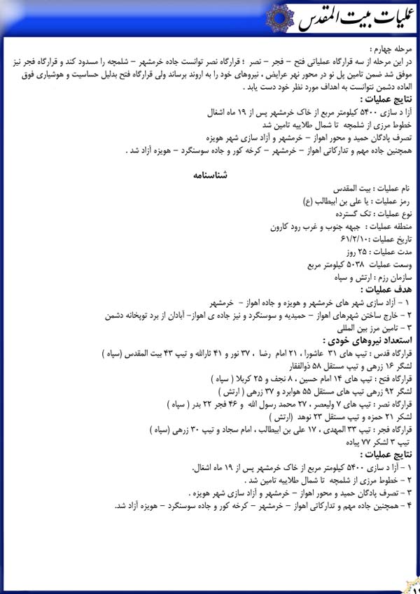 دفاع مقدس,هفته دفاع مقدس,عملیات,عملیات زمینی,عملیات های دفاع مقدس,سپاه پاسداران,ایران,نقشه عملیات,حسن باقری,بیت المقدس