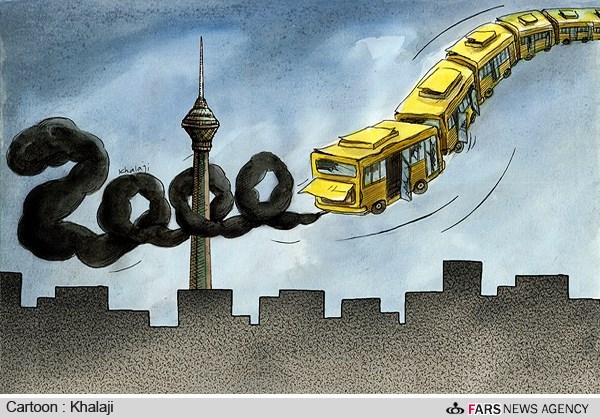 اتوبوس,برج میلاد,اتوبوس فرسوده,آلودگی هوا,تهران,آلاینده ها,کاریکاتور,محمد علی خلجی