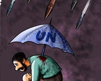 سازمان ملل,چتر,حمایت,موشک,غزه,کاریکاتور,دانلود کاریکاتور,عکس کاریکاتور,مردم,کودک,بمب,سوراخ,خنجر,جنایت,فریب