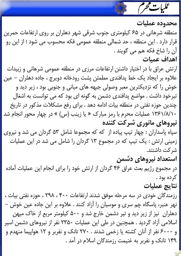 دفاع مقدس,هفته دفاع مقدس,عملیات,عملیات زمینی,عملیات های دفاع مقدس,سپاه پاسداران,ایران,نقشه عملیات,زین الدین,محرم